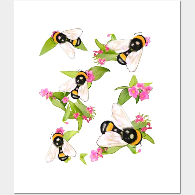 Honeybees at work - bumble bees  extracting nectar and pollen from pretty pink flowers save the bees Flora and fauna foliage Wall Art by Artonmytee